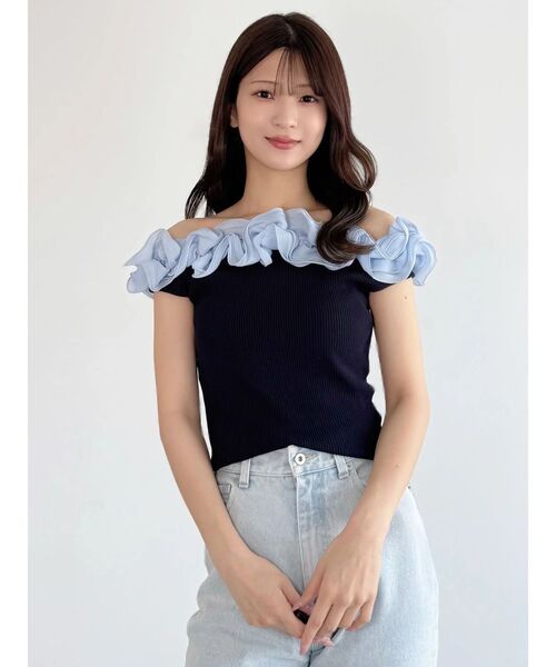 MERCURYDUO（マーキュリーデュオ）の「2WAY異素材ランダムラッフルノースリニット（ニット/セーター・レディース・その他1/ネイビー/フレッシュイエロー・FREE）」の6枚目の写真