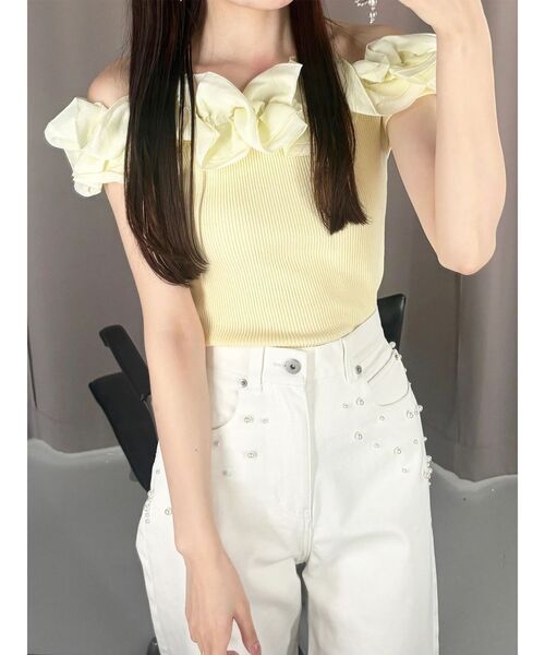 MERCURYDUO（マーキュリーデュオ）の「2WAY異素材ランダムラッフルノースリニット（ニット/セーター・レディース・その他1/ネイビー/フレッシュイエロー・FREE）」の13枚目の写真