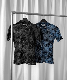 LVEU.（ラブユ.）の「【LVEU.】フックデザインレースシアー半袖トップス / トップス シアー チャイナ レース 半袖 インナー ブラック ブルー（Tシャツ/カットソー）」