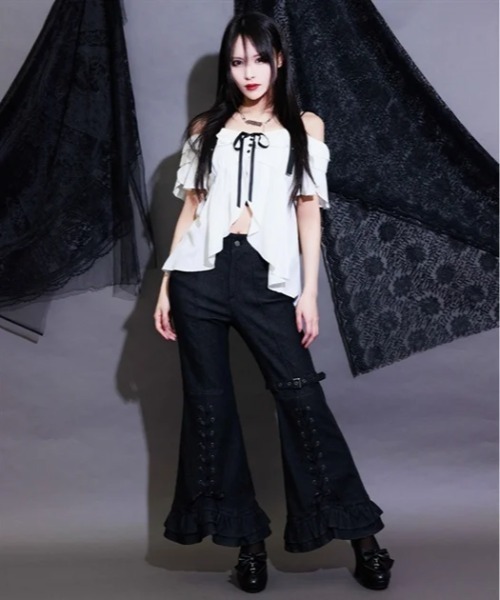 NIBBLE POISON(ニブルポイズン)の「レースアップフレアデニムPT(その他パンツ・レディース・ブラック/ワンウォッシュ・MEDIUM)」の2枚目の写真
