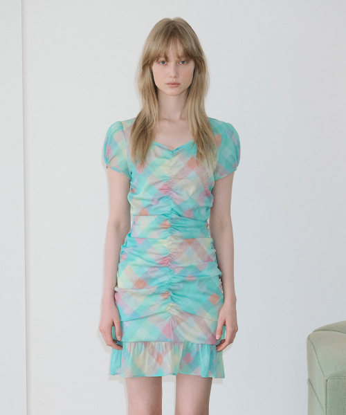 SINOON(シヌーン)の「Check Printed Shirring One-Piece (Mint)(ワンピース・レディース・ミント・SMALL/MEDIUM)」の1枚目の写真