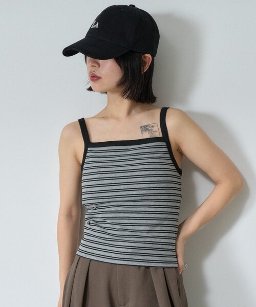 goocy（グーシー）の「【1枚で楽ちん＆可愛く決まる】カットリブボーダーカップ付きキャミ（キャミソール・レディース・チャコールグレー/グレー/ブラック・FREE）」の3枚目の写真
