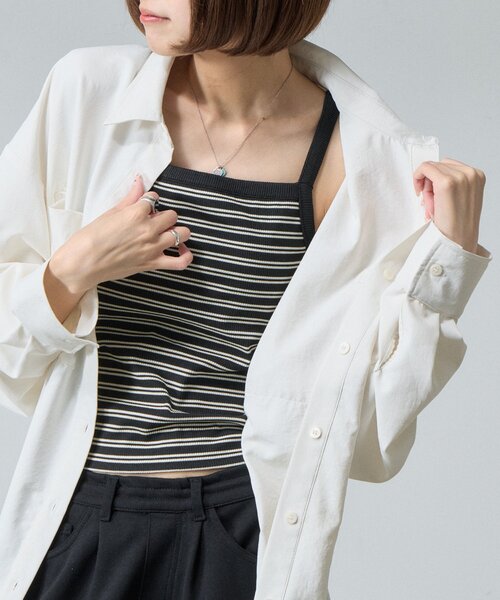 goocy（グーシー）の「【1枚で楽ちん＆可愛く決まる】カットリブボーダーカップ付きキャミ（キャミソール・レディース・チャコールグレー/グレー/ブラック・FREE）」の4枚目の写真