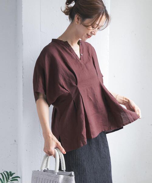 URBAN RESEARCH DOORS（アーバンリサーチドアーズ）の「リネンウエストタックスキッパーブラウス（シャツ/ブラウス・レディース・ボルドー/オフホワイト/ネイビー・FREE）」の3枚目の写真