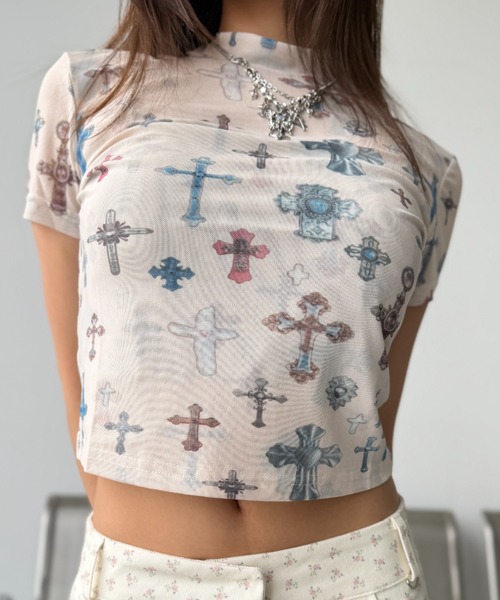 Y2K SYNAPSE FACTORY（ワイツーケー シナプスファクトリー）の「【メニークロスプリント】シアーTシャツ（Tシャツ/カットソー・レディース・サックスブルー/ピンク/アイボリー・FREE）」の2枚目の写真