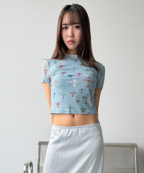 Y2K SYNAPSE FACTORY（ワイツーケー シナプスファクトリー）の「【メニークロスプリント】シアーTシャツ（Tシャツ/カットソー・レディース・サックスブルー/ピンク/アイボリー・FREE）」の21枚目の写真