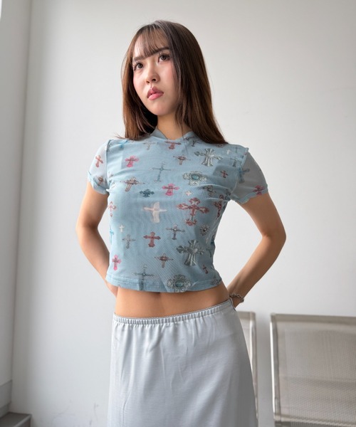 Y2K SYNAPSE FACTORY（ワイツーケー シナプスファクトリー）の「【メニークロスプリント】シアーTシャツ（Tシャツ/カットソー・レディース・サックスブルー/ピンク/アイボリー・FREE）」の18枚目の写真
