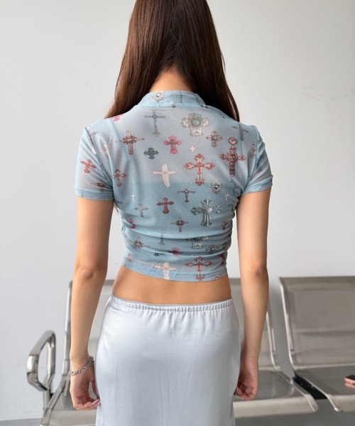 Y2K SYNAPSE FACTORY（ワイツーケー シナプスファクトリー）の「【メニークロスプリント】シアーTシャツ（Tシャツ/カットソー・レディース・サックスブルー/ピンク/アイボリー・FREE）」の17枚目の写真