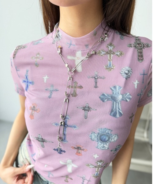 Y2K SYNAPSE FACTORY（ワイツーケー シナプスファクトリー）の「【メニークロスプリント】シアーTシャツ（Tシャツ/カットソー・レディース・サックスブルー/ピンク/アイボリー・FREE）」の16枚目の写真