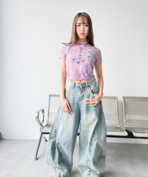 Y2K SYNAPSE FACTORY（ワイツーケー シナプスファクトリー）の「【メニークロスプリント】シアーTシャツ（Tシャツ/カットソー・レディース・サックスブルー/ピンク/アイボリー・FREE）」の15枚目の写真