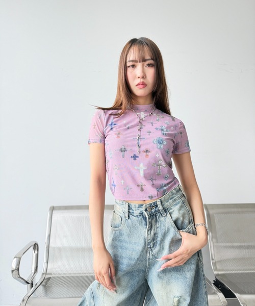 Y2K SYNAPSE FACTORY（ワイツーケー シナプスファクトリー）の「【メニークロスプリント】シアーTシャツ（Tシャツ/カットソー・レディース・サックスブルー/ピンク/アイボリー・FREE）」の13枚目の写真