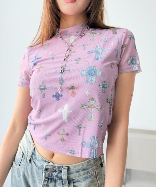 Y2K SYNAPSE FACTORY（ワイツーケー シナプスファクトリー）の「【メニークロスプリント】シアーTシャツ（Tシャツ/カットソー・レディース・サックスブルー/ピンク/アイボリー・FREE）」の12枚目の写真