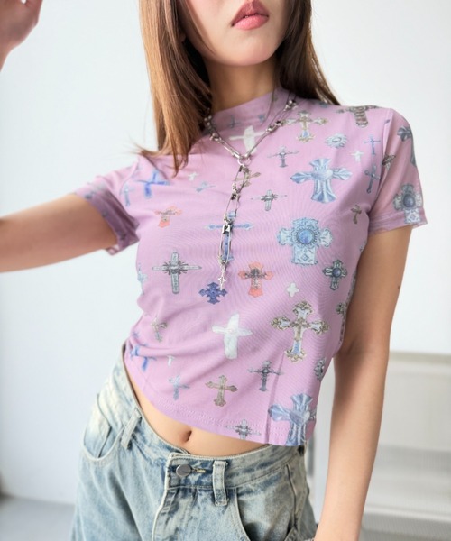 Y2K SYNAPSE FACTORY（ワイツーケー シナプスファクトリー）の「【メニークロスプリント】シアーTシャツ（Tシャツ/カットソー・レディース・サックスブルー/ピンク/アイボリー・FREE）」の11枚目の写真