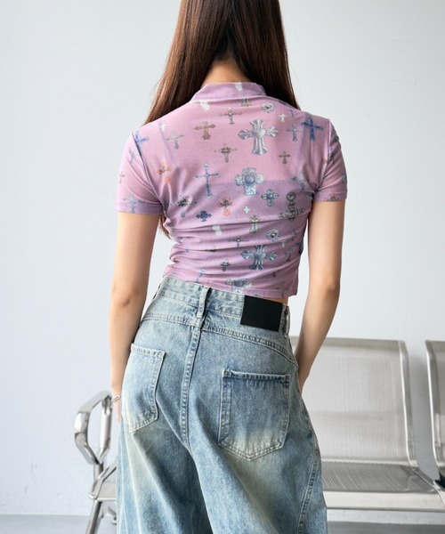 Y2K SYNAPSE FACTORY（ワイツーケー シナプスファクトリー）の「【メニークロスプリント】シアーTシャツ（Tシャツ/カットソー・レディース・サックスブルー/ピンク/アイボリー・FREE）」の6枚目の写真