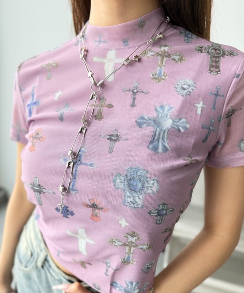 Y2K SYNAPSE FACTORY（ワイツーケー シナプスファクトリー）の「【メニークロスプリント】シアーTシャツ（Tシャツ/カットソー・レディース・サックスブルー/ピンク/アイボリー・FREE）」の5枚目の写真