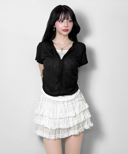 FOLLOWIN（フォロウィン）の「フロントジップレイヤード サイドギャザートップス（Tシャツ/カットソー・レディース・ブラック/グレー・FREE）」の7枚目の写真