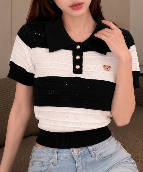 NANEA(ナネア)の「マルチボーダー サマーニットポロTシャツ(ポロシャツ・レディース・ブルー/ピンク/ブラック・フリー)」の4枚目の写真