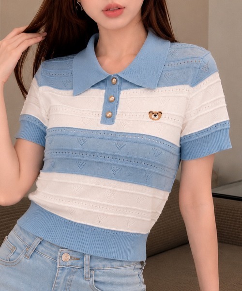 NANEA(ナネア)の「マルチボーダー サマーニットポロTシャツ(ポロシャツ・レディース・ブルー/ピンク/ブラック・フリー)」の7枚目の写真
