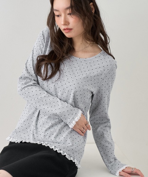 NOGLE(ノグル)の「【NOGLE/ノグル】ドットレースフリルレイヤードロンT(Tシャツ/カットソー・レディース・グレー/ホワイト/ブラック・FREE)」の1枚目の写真