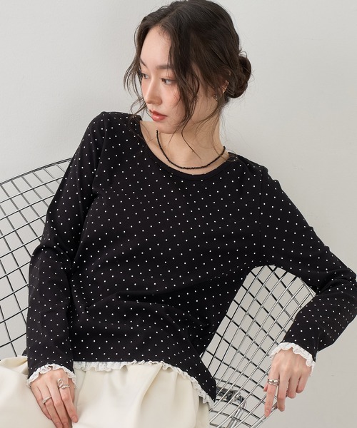 NOGLE(ノグル)の「【NOGLE/ノグル】ドットレースフリルレイヤードロンT(Tシャツ/カットソー・レディース・グレー/ホワイト/ブラック・FREE)」の5枚目の写真