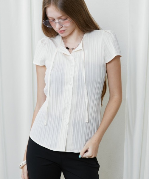 Rohwel（ローウェル）の「Sheer Collar Tie Top / シアーカラータイトップス（Tシャツ/カットソー・レディース・ホワイト/ブラック/ナチュラル・FREE）」の15枚目の写真