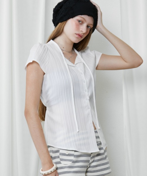 Rohwel（ローウェル）の「Sheer Collar Tie Top / シアーカラータイトップス（Tシャツ/カットソー・レディース・ホワイト/ブラック/ナチュラル・FREE）」の6枚目の写真