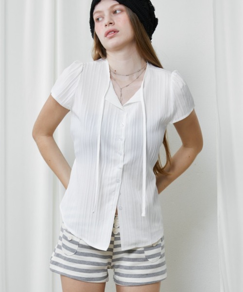 Rohwel（ローウェル）の「Sheer Collar Tie Top / シアーカラータイトップス（Tシャツ/カットソー・レディース・ホワイト/ブラック/ナチュラル・FREE）」の4枚目の写真