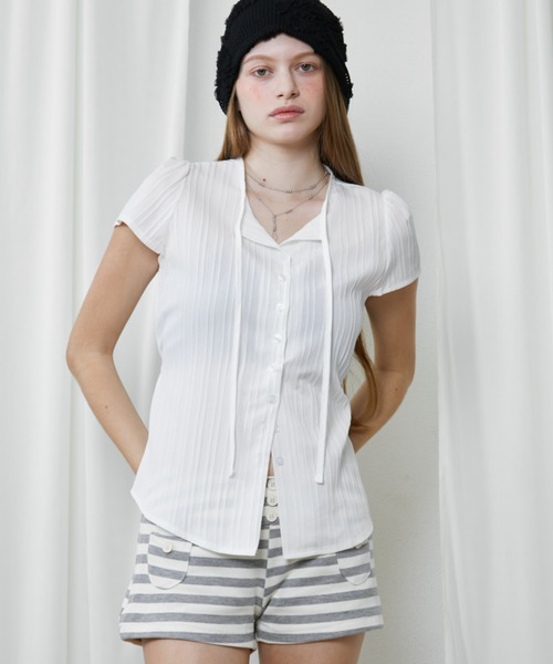 Rohwel（ローウェル）の「Sheer Collar Tie Top / シアーカラータイトップス（Tシャツ/カットソー・レディース・ホワイト/ブラック/ナチュラル・FREE）」の5枚目の写真