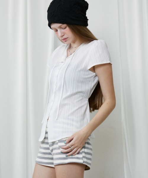 Rohwel（ローウェル）の「Sheer Collar Tie Top / シアーカラータイトップス（Tシャツ/カットソー・レディース・ホワイト/ブラック/ナチュラル・FREE）」の7枚目の写真