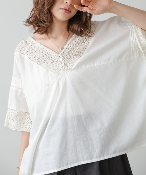 Bab(バブ)の「ボイルMIXレースプルオーバー(Tシャツ/カットソー・レディース・オフホワイト/ベージュ/ライトグレー・M)」の7枚目の写真
