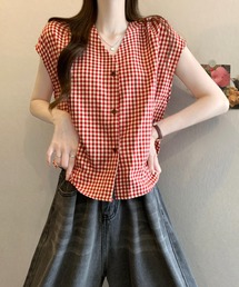 ギンガムチェックフレンチスリーブブラウス