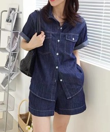 襟付きデニムシャツジャケット&ショートパンツ セットアップ