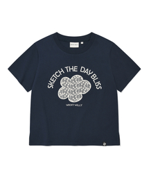 ウィメンズレースアップリケ半袖Tシャツネイビー