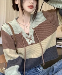 配色ワイドストライプショートニット長袖トップス