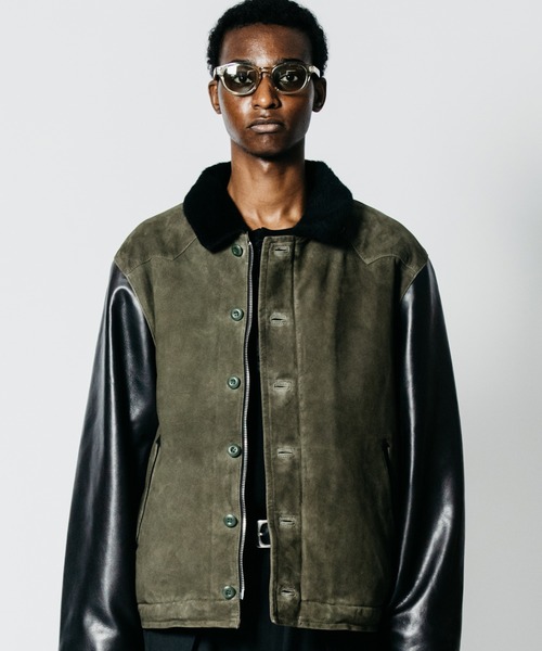 CRIMIE(クライミー)の「N1 SUEDE COMBINATION LEATHER JACKET WITH ALPACA LINING(ミリタリージャケット・メンズ・グリーン/ブラック・XL/L/XXL/M/S)」の2枚目の写真