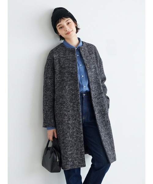 Sew loop(ソーループ)の「ヘリンボーン柄裏起毛ラウンドネックコート(ノーカラーコート・レディース・ブラック・FREE)」の8枚目の写真