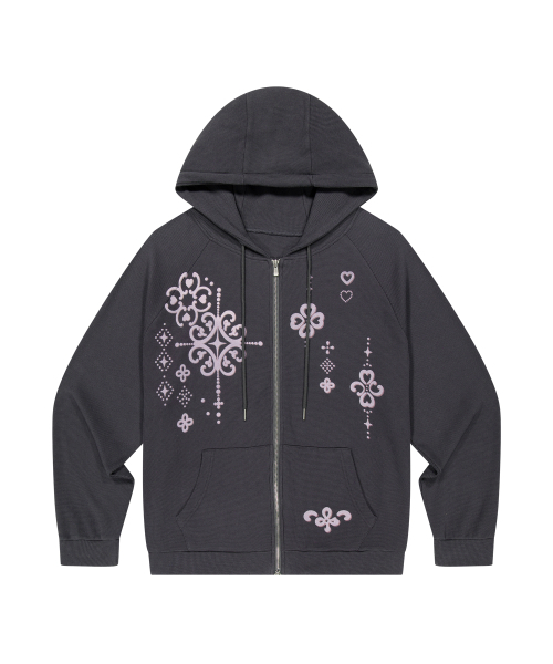 ILLIGO（イリゴ）の「オーナメントワッフルフードジップアップ チャコール（パーカー・レディース・その他・SMALL/MEDIUM）」の4枚目の写真