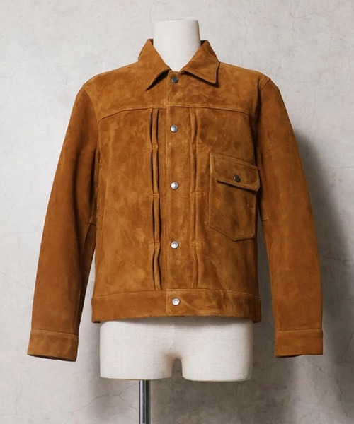 HOUSTON(ヒューストン)の「HOUSTON ヒューストン SUEDE TRUCKER JACKET / スエードレザー トラッカージャケット(ライダースジャケット・メンズ・キャメル・L/XL/M)」の2枚目の写真