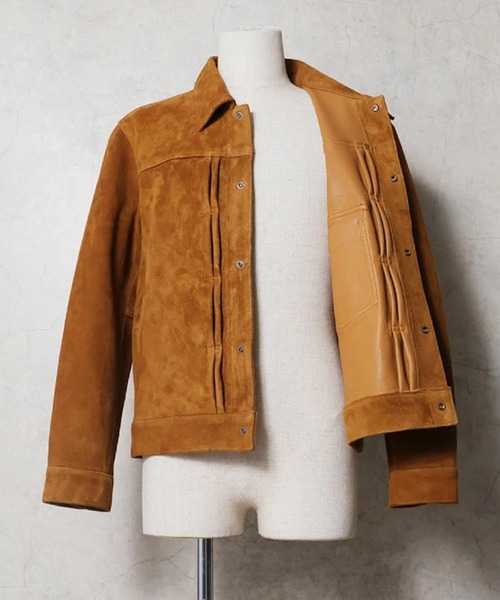 HOUSTON(ヒューストン)の「HOUSTON ヒューストン SUEDE TRUCKER JACKET / スエードレザー トラッカージャケット(ライダースジャケット・メンズ・キャメル・L/XL/M)」の3枚目の写真
