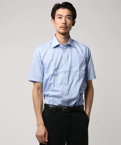 Taka Q タカキュー の タカキューメンズ Taka Q Men 形態安定 ノーアイロン チェック柄ワイドカラービジネスドレス半袖シャツ サックスブルー Coolbiz クールビズおすすめアイテム シャツ ブラウス Wear