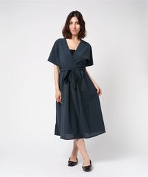 ウエストリボン抜き襟カシュクールフレアワンピース
