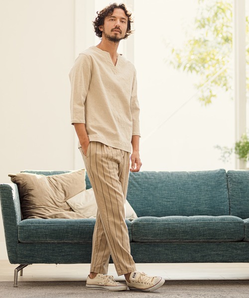 CAMBIO（カンビオ）の「mlt2839-Cotton Linen Basic Fit Key Neck 3-4 Sleeve Tee カットソー（Tシャツ/カットソー・メンズ・ブラック/キナリ・M/L）」の11枚目の写真