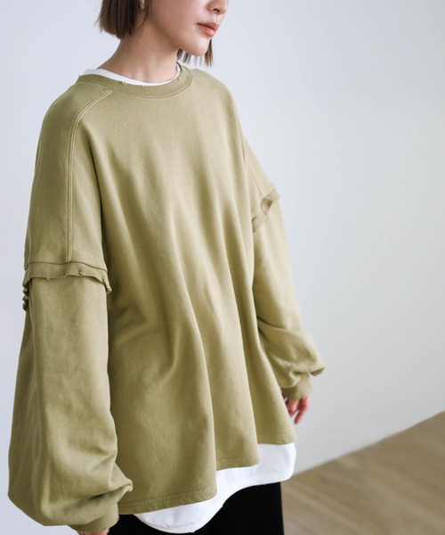 select MOCA(セレクトモカ)の「クラッシュデザインオーバースウェット(Tシャツ/カットソー・レディース・アイボリー/オリーブ/スミクロ・FREE)」の1枚目の写真