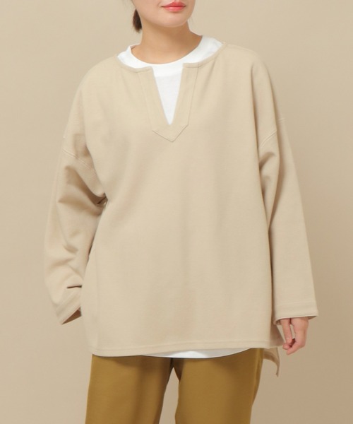 ikka(イッカ)の「カットボンディングキーネックプルオーバー(Tシャツ/カットソー・レディース・チャコールグレー/グレー/オフホワイト・M)」の1枚目の写真
