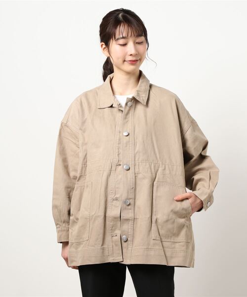 OUTDOOR PRODUCTS APPAREL(アウトドアプロダクツアパレル)の「ドロストカバーオール デニムジャケット ビッグシルエット(デニムジャケット・レディース・ブルー系その他/カーキ/ワンウォッシュ/サンドベージュ・MEDIUM/LARGE)」の2枚目の写真