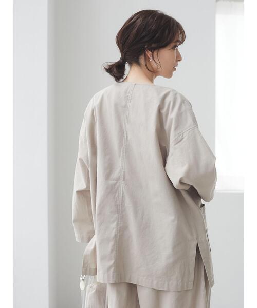 Green　Parks（グリーンパークス）の「ベルギーリネンブレンド ノーカラージャケット＊（ノーカラージャケット・レディース・ベージュ/オフホワイト/ブルー/チェック・FREE）」の9枚目の写真