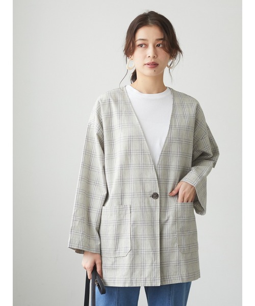 Green　Parks（グリーンパークス）の「ベルギーリネンブレンド ノーカラージャケット＊（ノーカラージャケット・レディース・ベージュ/オフホワイト/ブルー/チェック・FREE）」の4枚目の写真