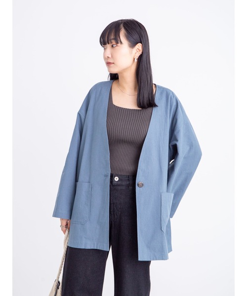 Green　Parks（グリーンパークス）の「ベルギーリネンブレンド ノーカラージャケット＊（ノーカラージャケット・レディース・ベージュ/オフホワイト/ブルー/チェック・FREE）」の3枚目の写真