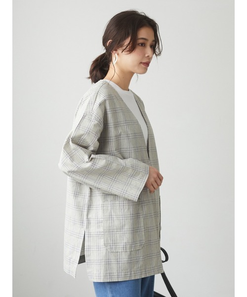 Green　Parks（グリーンパークス）の「ベルギーリネンブレンド ノーカラージャケット＊（ノーカラージャケット・レディース・ベージュ/オフホワイト/ブルー/チェック・FREE）」の11枚目の写真