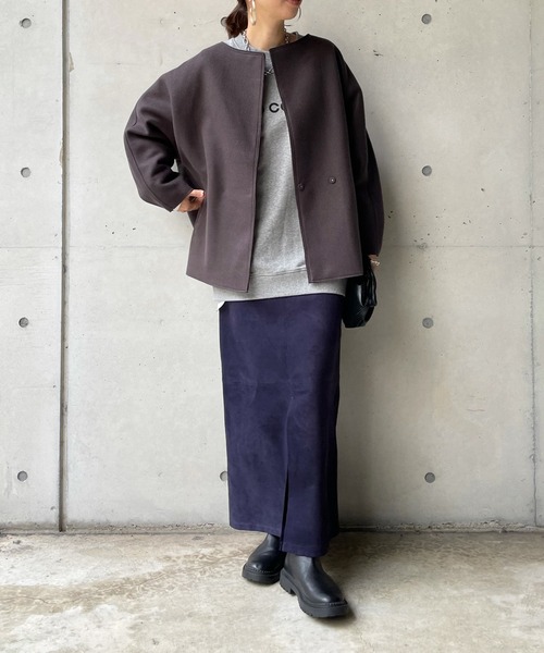 DouDou（ドゥドゥ）の「ダブルフェイスミドル丈コート（ノーカラーコート・レディース・チャコールグレー/グレイッシュベージュ・FREE）」の20枚目の写真